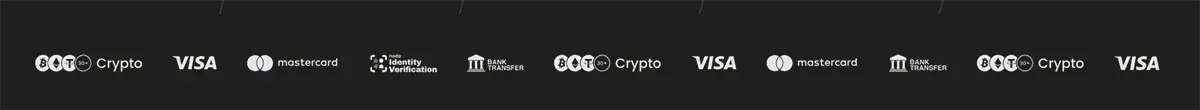 Casino payment methods banner with crypto, Visa, Mastercard, bank transfer, and identity verification icons