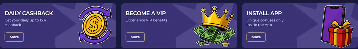 Casino promotions banners featuring daily cashback, VIP program benefits, and mobile app bonuses