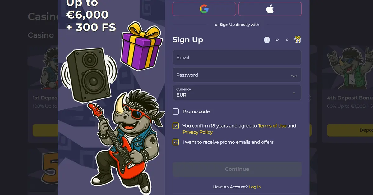 Casino welcome bonus popup with €6,000 + 300 free spins sign-up form